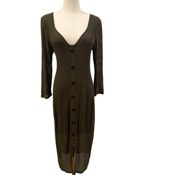 Express Dresses & Skirts - Express V Neck Olive Green Ribbed Midi Dress 3/4 Sheer Sleeves Large Fall Chic